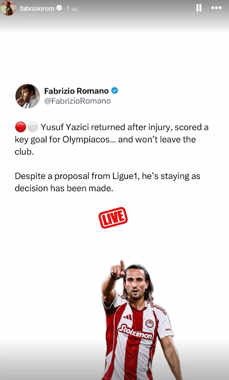 Το δημοσίευμα του Φαμπρίτσιο Ρομάνο για τον Γιαζίτζι / Screenshot