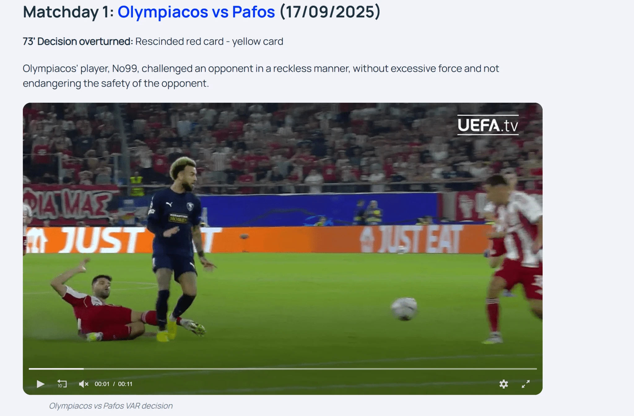 Η εξήγηση της UEFA για την φάση με τον Ταρέμι / Screenshot Η εξήγηση της UEFA για την φάση με τον Ταρέμι / Screenshot