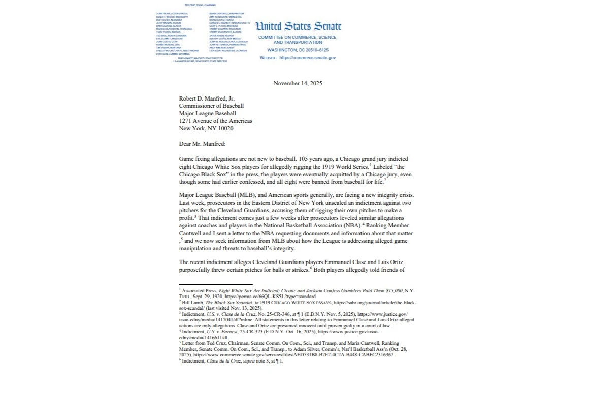 Απόσπασμα της επιστολή προς τον κομισάριο του MLB, Ρομπ Μάνφρεντ