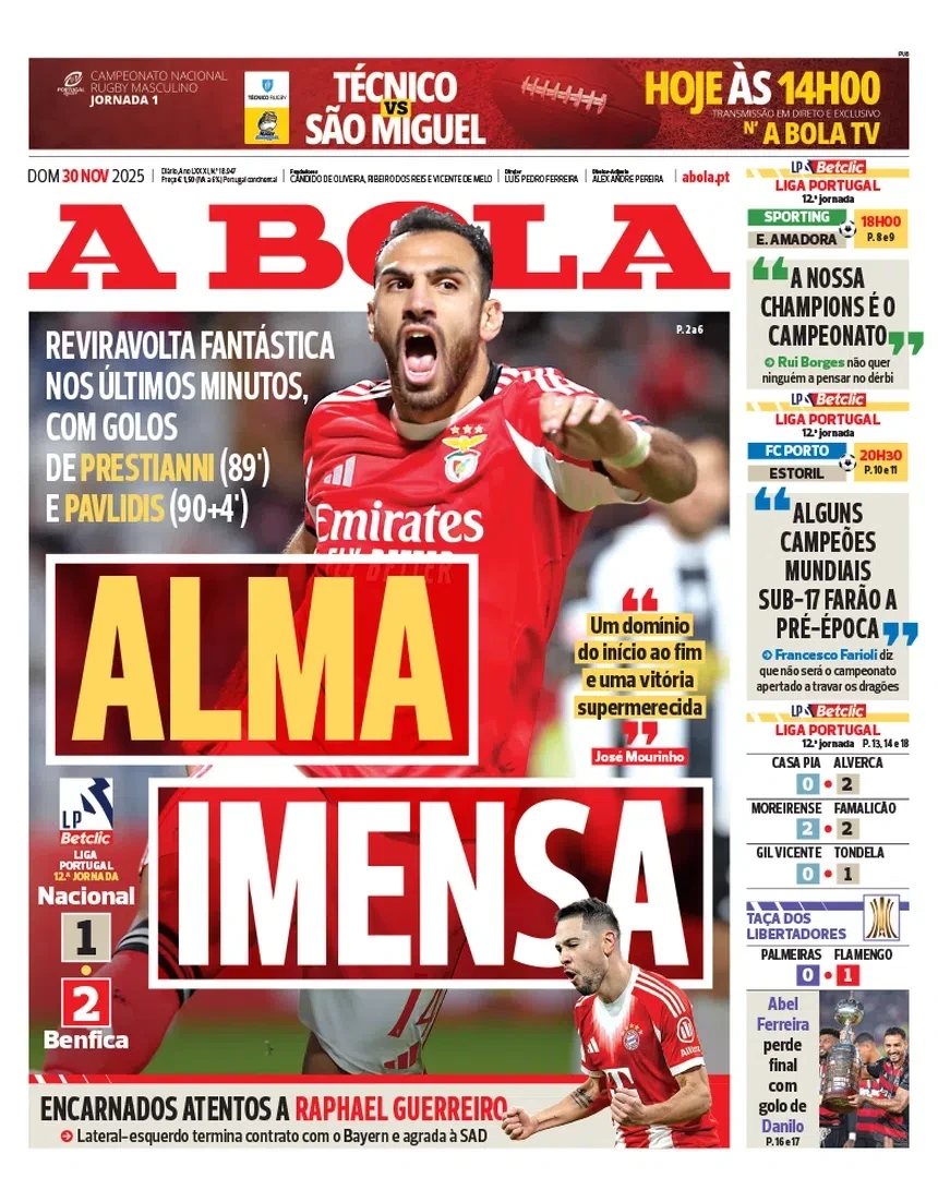 Το πρωτοσέλιδο της «A Bola» για τον Βαγγέλη Παυλίδη