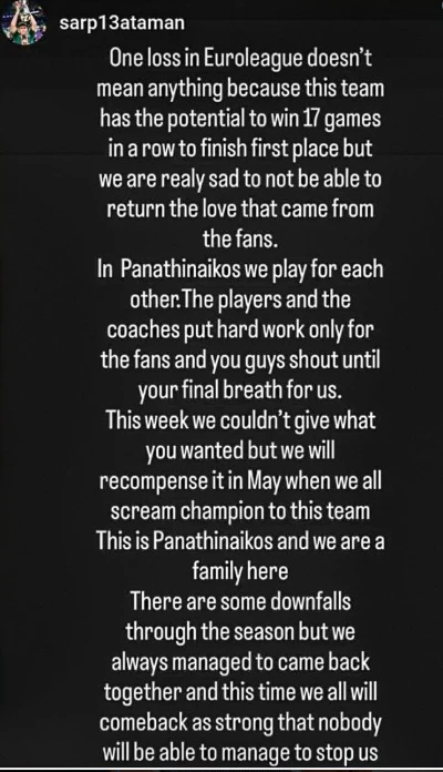 Μήνυμα Σάρπ Αταμάν στους οπαδους του Παναθηναικου / πηγή: Instagram/sarp13ataman
