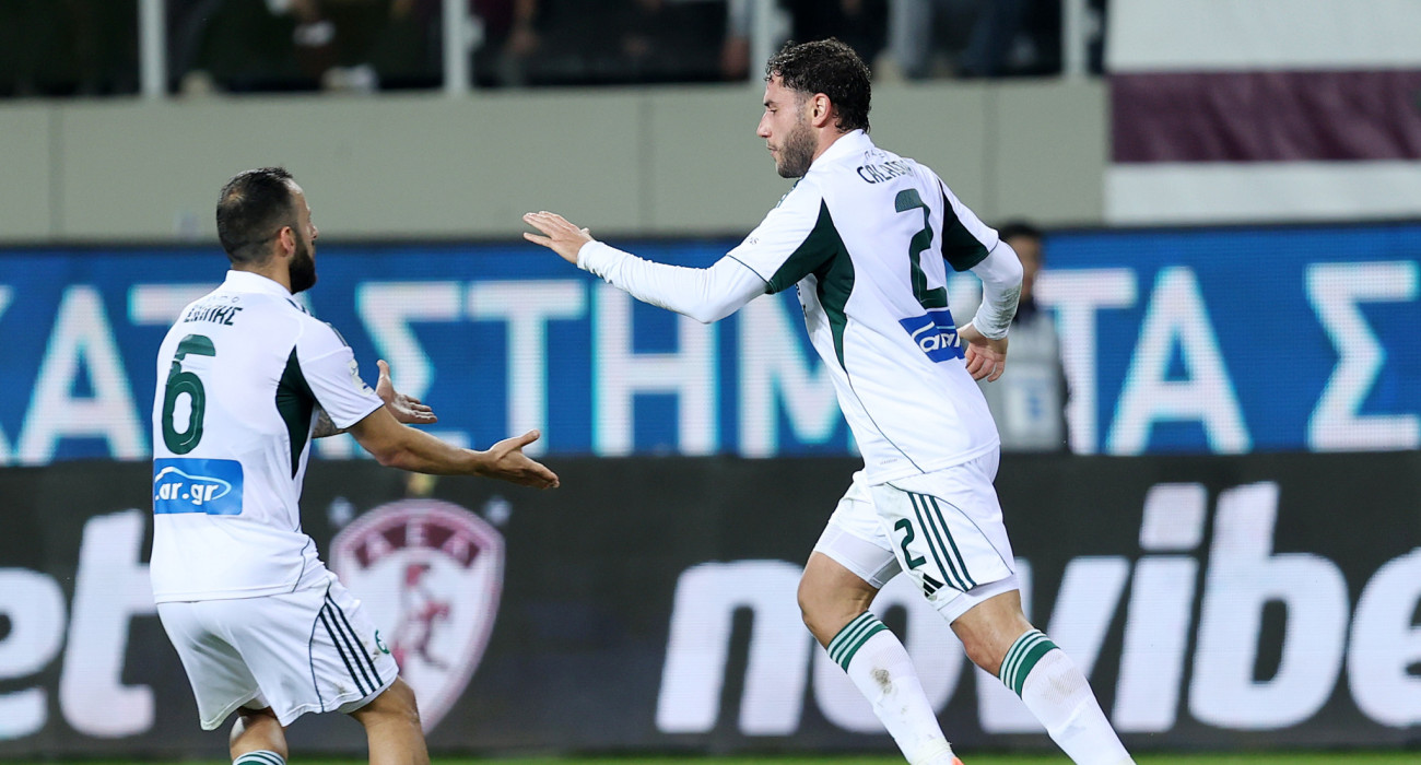 Οι Μανώλης Σιώπης και Ντάβιντε Καλάμπρια πανηγυρίζουν το γκολ του Παναθηναϊκού / Πηγή: InTime