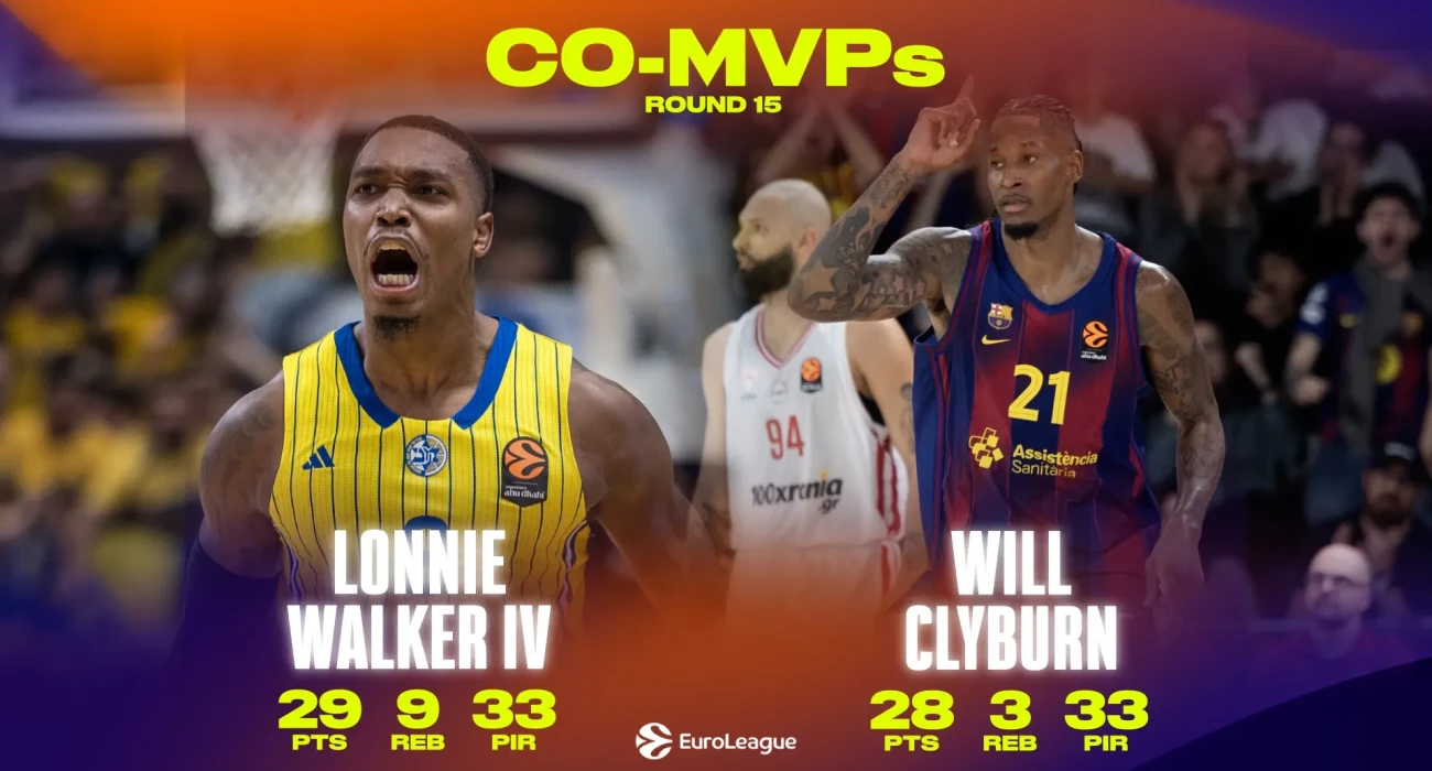 Ο Λόνι Γουόκερ και ο Γουίλ Κλάιμπερν αναδείχθηκαν πολυτιμότεροι παίκτες της 15ης αγωνιστικής της EuroLeague/Πηγή: euroleaguebasketball.net