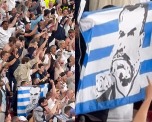 Ελληνική σημαία με το πρόσωπο του Ποστέκογλου στο Μπιλμπάο (video)
