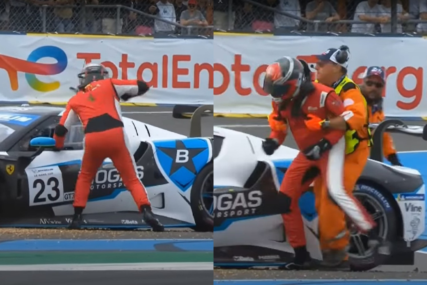 Σε αμόκ οδηγός στο Le Mans: Γρονθοκοπεί αμάξι αντιπάλου και τον κρατάνε για να μην το σπάσει (video)