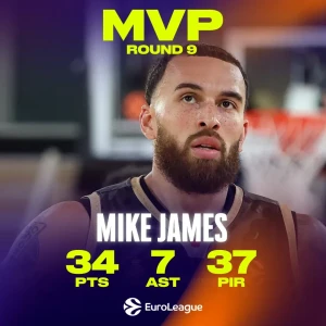 Ο Μάικ Τζέιμς MVP της ένατης αγωνιστικής της EuroLeague